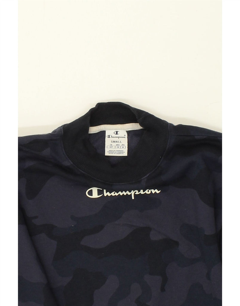 CHAMPION Womens Graphic Sweatshirt Jumper UK 10 Small Navy Blue Camouflage | Vintage Champion | Thrift | Second-Hand Champion | Used Clothing | Messina Hembry 