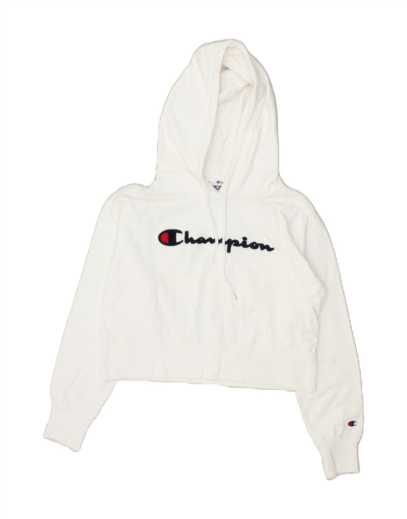 CHAMPION Womens Graphic Crop Hoodie Jumper UK 10 Small White Cotton | Vintage Champion | Thrift | Second-Hand Champion | Used Clothing | Messina Hembry 