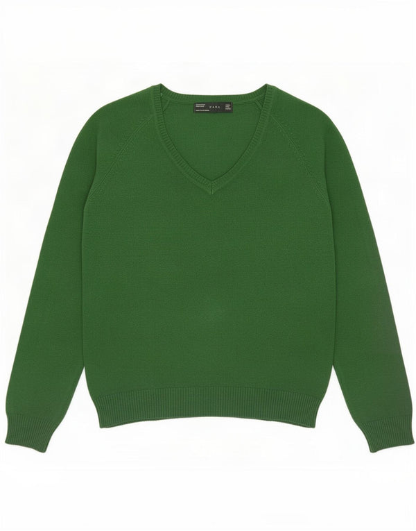 Zara Womens V-Neck Jumper Sweater UK 14 Large Green Cotton