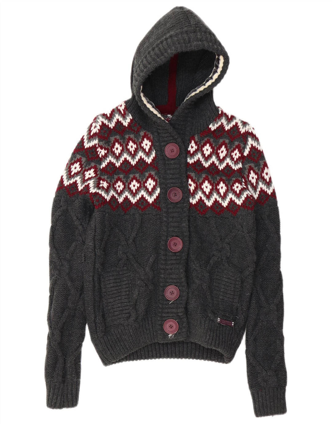 SUPERDRY Womens Hooded Cardigan Sweater UK 10 Small Grey Fair Isle Acrylic