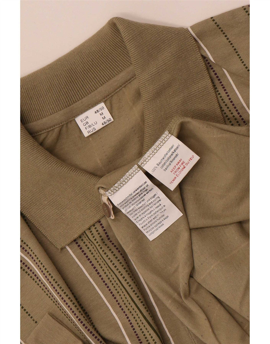 Vintage Mens Polo Shirt Medium Khaki Striped Cotton
