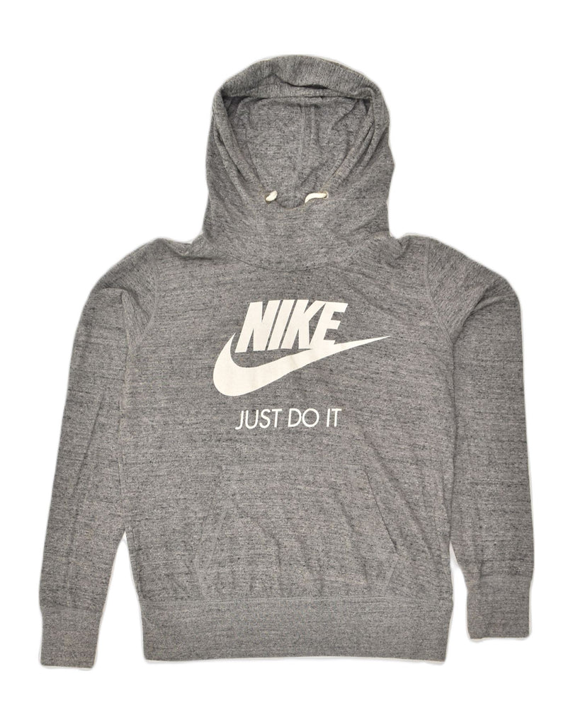 NIKE Womens Graphic Hoodie Jumper UK 14 Large Grey Flecked Cupro | Vintage Nike | Thrift | Second-Hand Nike | Used Clothing | Messina Hembry 