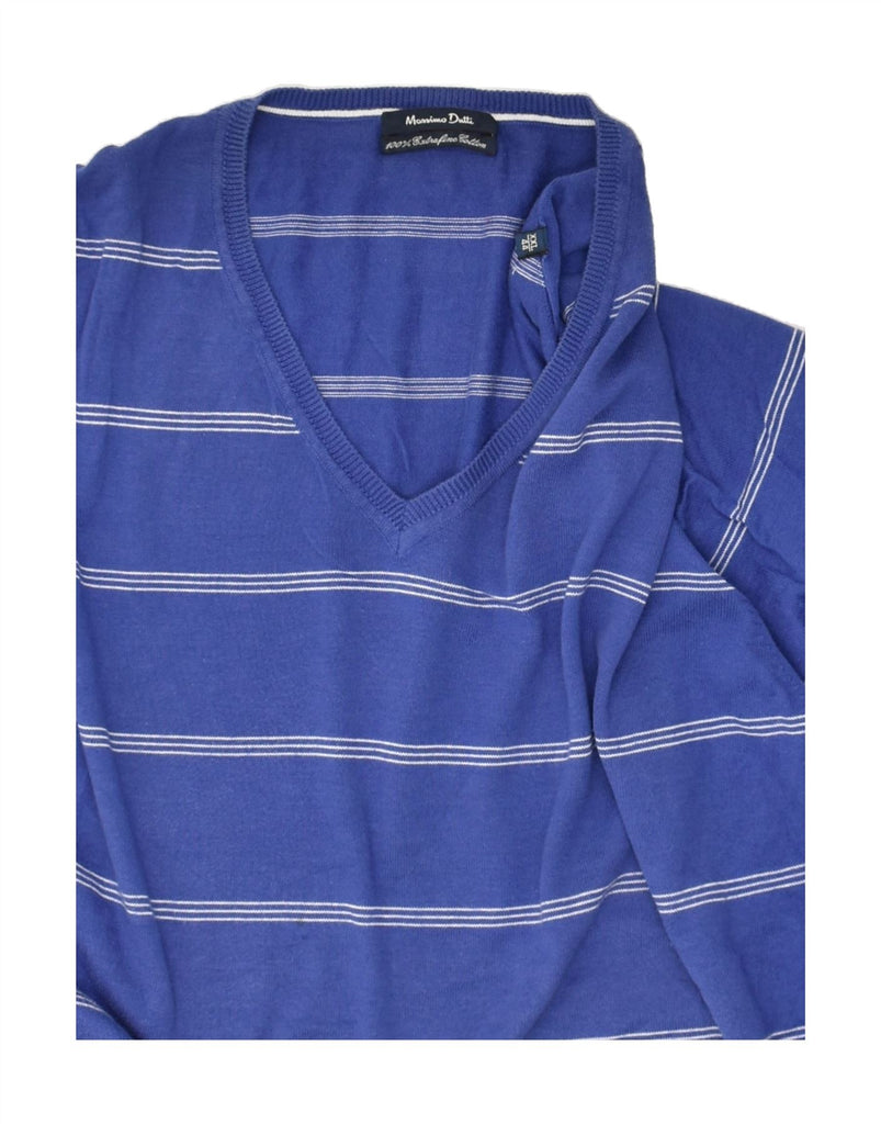 MASSIMO DUTTI Mens V-Neck Jumper Sweater 2XL Blue Striped Cotton | Vintage Massimo Dutti | Thrift | Second-Hand Massimo Dutti | Used Clothing | Messina Hembry 