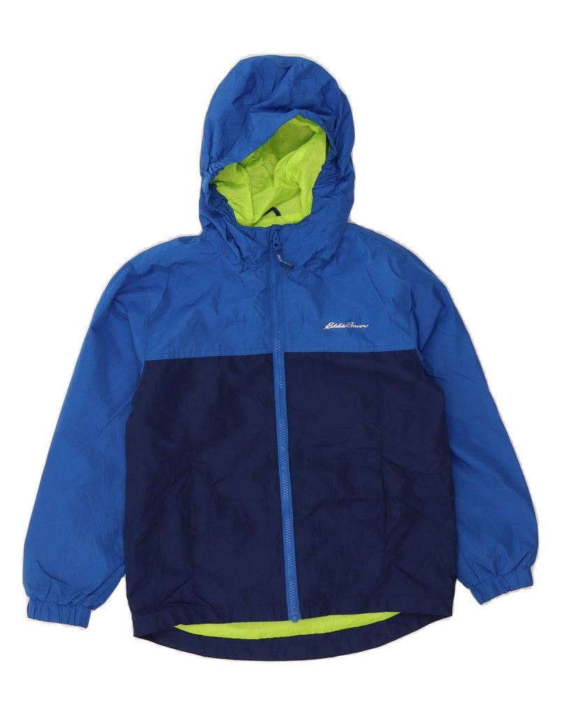 EDDIE BAUER Boys Hooded Rain Jacket 7-8 Years Small  Blue Colourblock Vintage Eddie Bauer and Second-Hand Eddie Bauer from Messina Hembry 