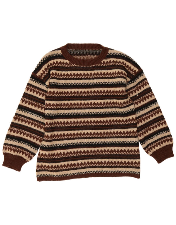 Vintage Mens Crew Neck Jumper Sweater XS Brown Fair Isle Acrylic