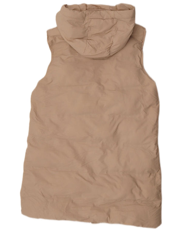 Zara Womens Longline Hooded Padded Gilet UK 16 Large Beige Polyester