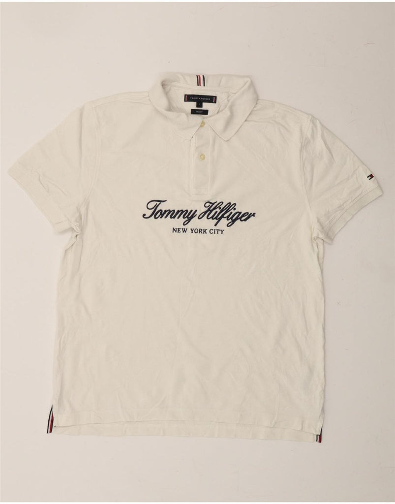 TOMMY HILFIGER Mens Graphic Regular Fit Polo Shirt Large White Cotton Vintage Tommy Hilfiger and Second-Hand Tommy Hilfiger from Messina Hembry 