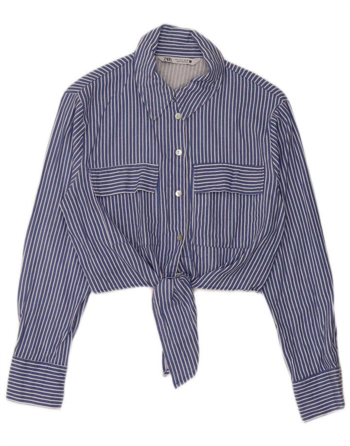 Zara Womens Front Tie Crop Shirt Blouse UK 10 Small Blue Striped