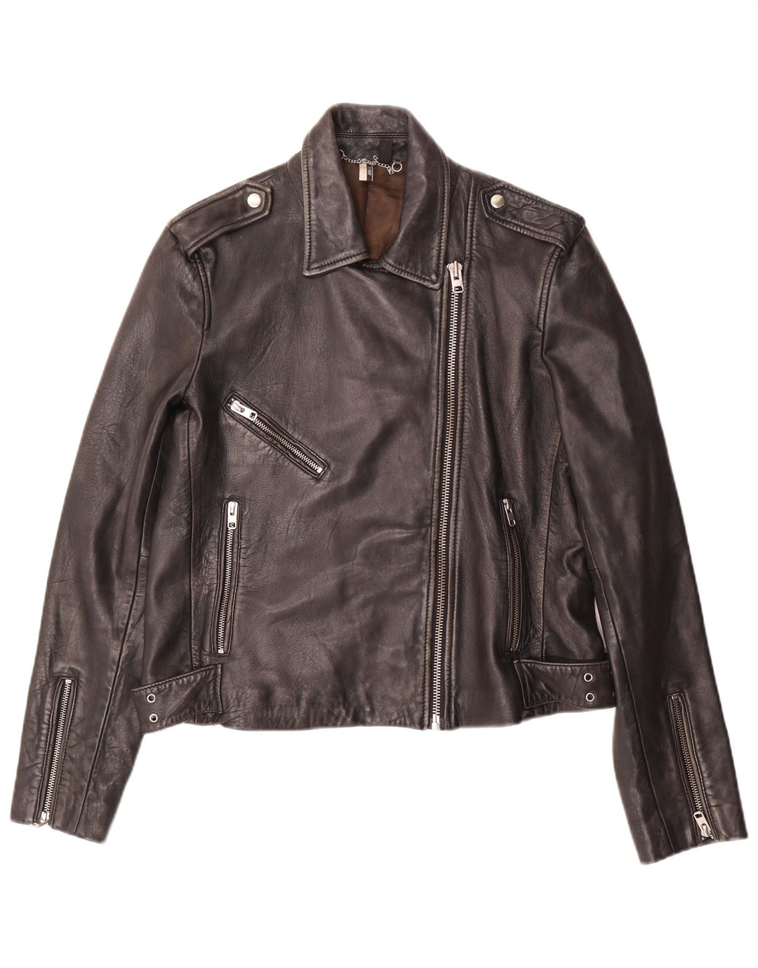 Topshop Womens Leather Biker Jacket UK 14 Large Black Lambskin