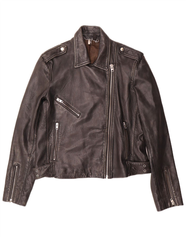 Topshop Womens Leather Biker Jacket UK 14 Large Black Lambskin