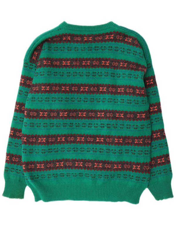 Vintage Mens Crew Neck Jumper Sweater Large Green Fair Isle Wool