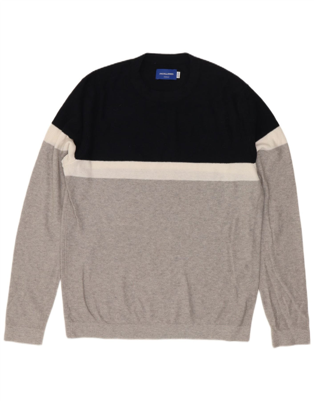 Jack & Jones Mens Crew Neck Jumper Sweater Medium Grey Colourblock Cotton