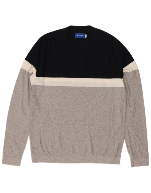 Jack & Jones Mens Crew Neck Jumper Sweater Medium Grey Colourblock Cotton