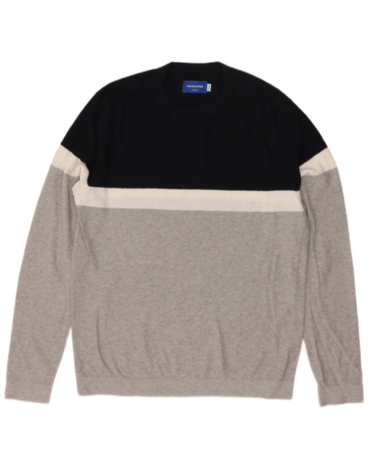 Jack & Jones Mens Crew Neck Jumper Sweater Medium Grey Colourblock Cotton