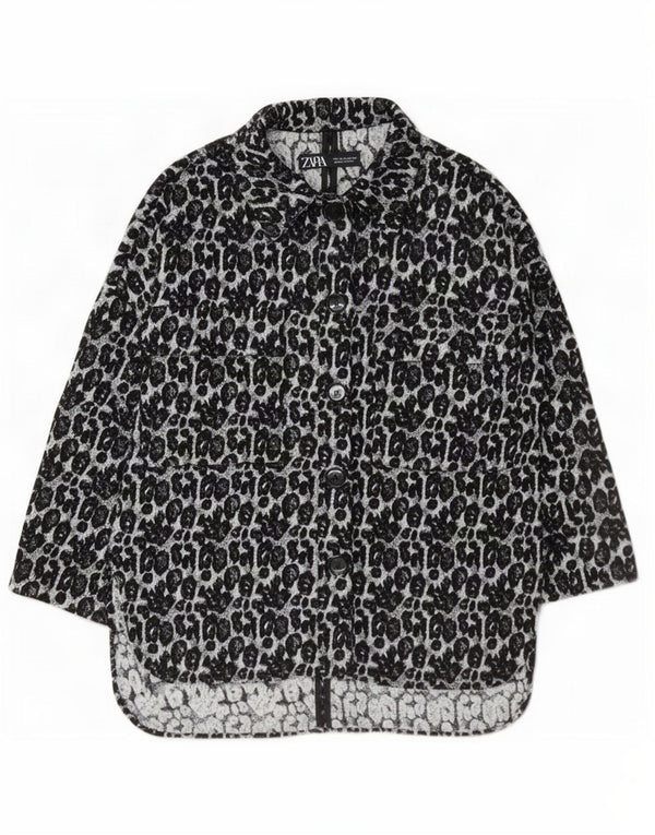 Zara Womens Oversized Shirt Dress UK 6 XS Black Animal Print Polyester