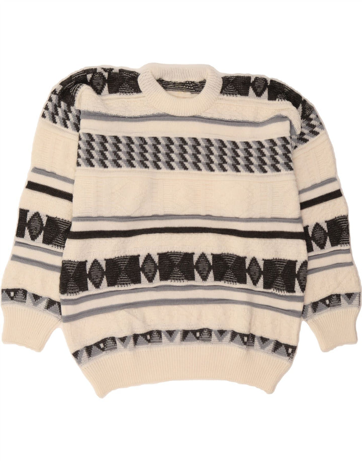 VINTAGE Mens Crew Neck Jumper Sweater Medium Off White Striped Vintage Vintage and Second-Hand Vintage from Messina Hembry 