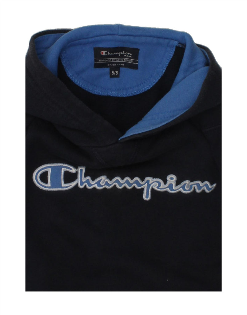 CHAMPION Boys Graphic Hoodie Jumper 5-6 Years Navy Blue Cotton | Vintage Champion | Thrift | Second-Hand Champion | Used Clothing | Messina Hembry 