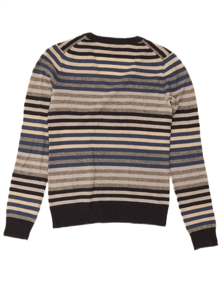 WOOLRICH Womens V-Neck Jumper Sweater UK 10 Small Grey Striped Wool