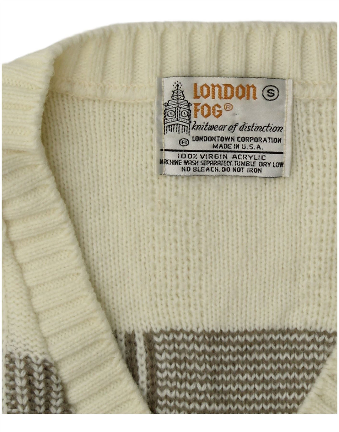 LONDON FOG Mens V-Neck Jumper Sweater Small Off White Striped Acrylic