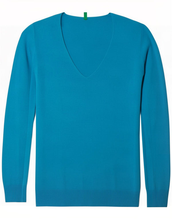Benetton Womens V-Neck Jumper Sweater UK 14 Large Blue Cotton