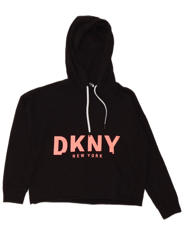 Dkny Womens Crop Graphic Oversized Hoodie Jumper UK 14 Large Black Cotton