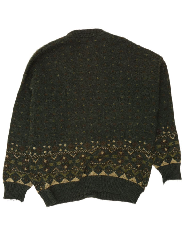 Vintage Mens Cardigan Sweater Large Green Fair Isle