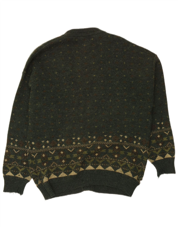 Vintage Mens Cardigan Sweater Large Green Fair Isle