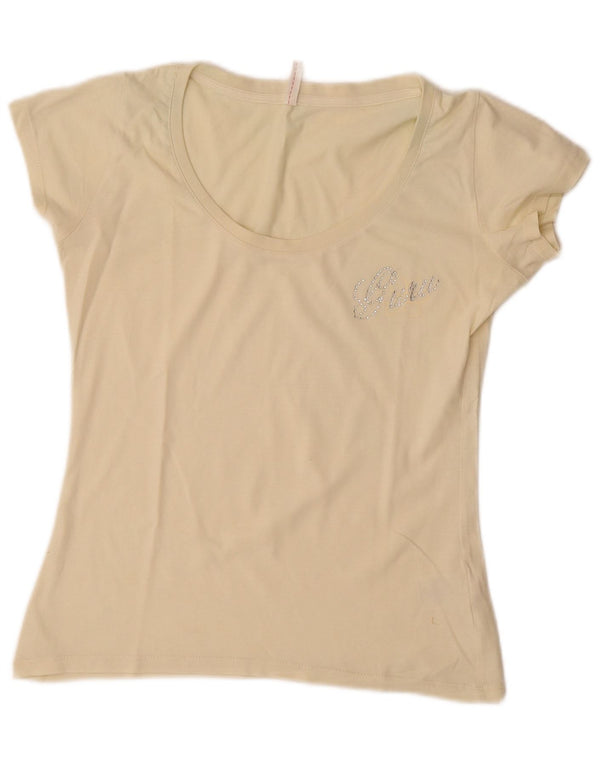 Guru Womens T-Shirt Top UK 12 Medium Off White Cotton