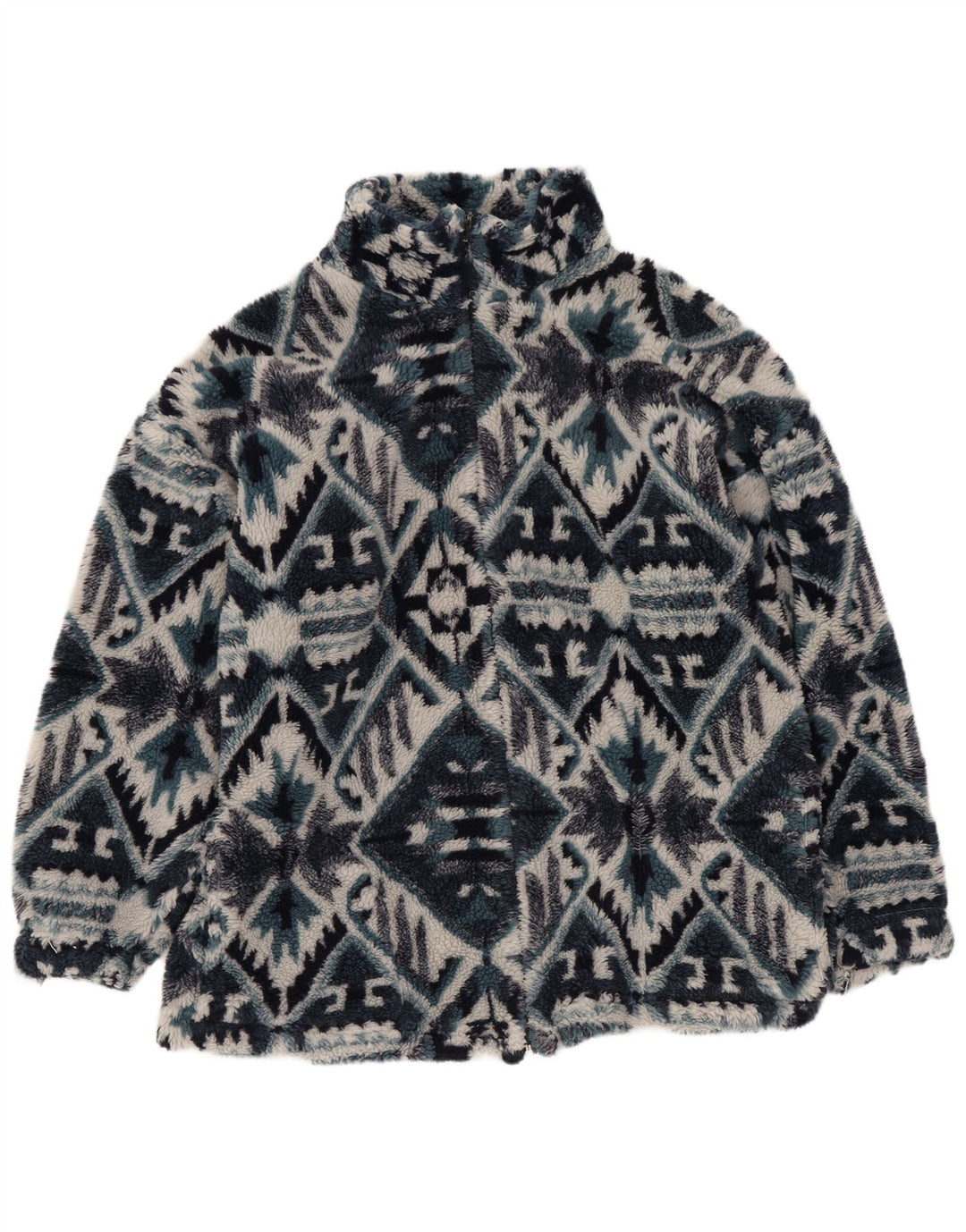 Vintage Mens Fleece Jacket UK 36 Small Navy Blue Geometric Aztec
