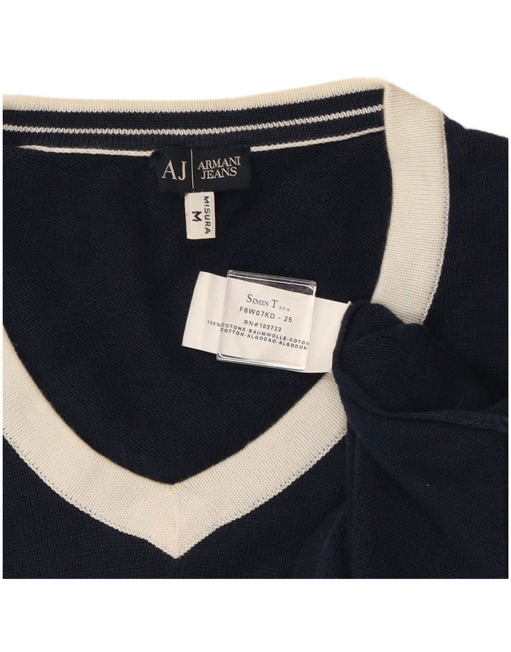 Armani Mens V-Neck Jumper Sweater Medium Navy Blue Colourblock Cotton