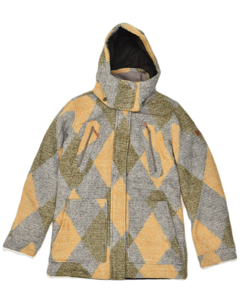 ROXY Womens Hooded Overcoat UK 16 Large Yellow Argyle/Diamond Polyester | Vintage Roxy | Thrift | Second-Hand Roxy | Used Clothing | Messina Hembry 