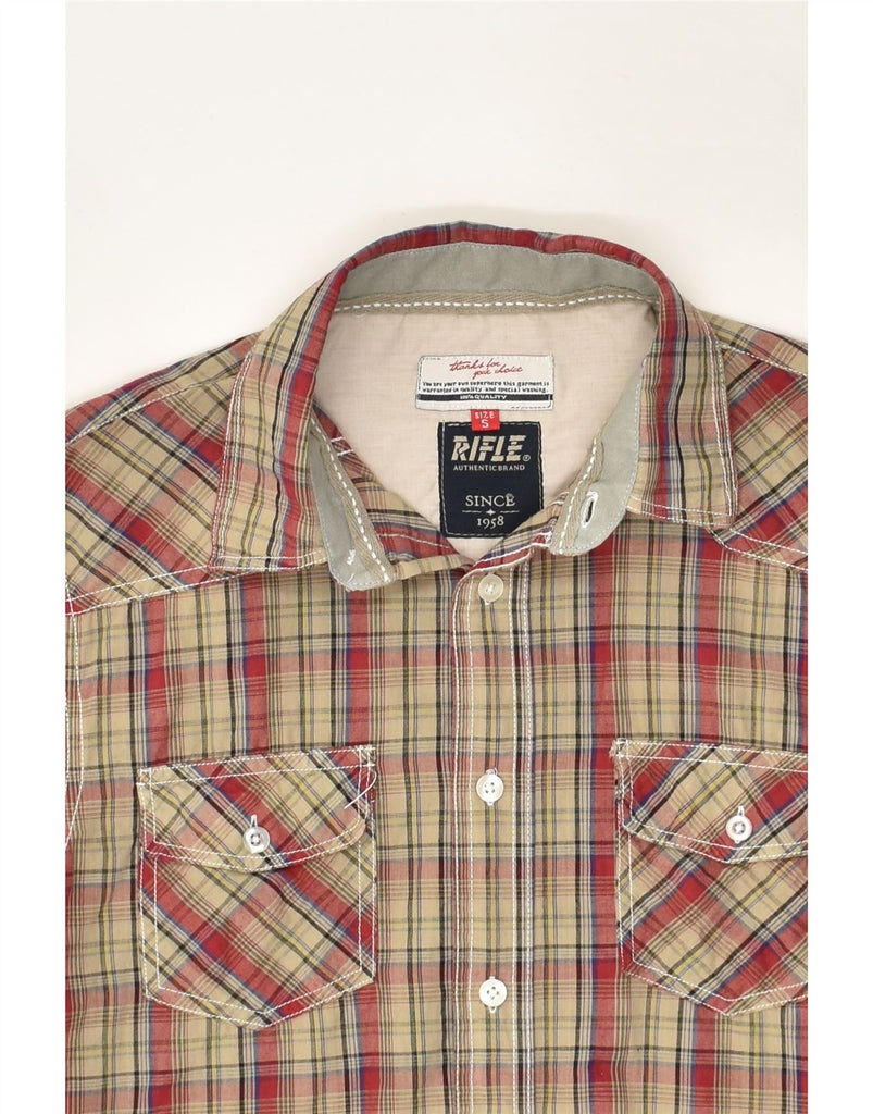 RIFLE Mens Short Sleeve Shirt Small Khaki Check Cotton | Vintage Rifle | Thrift | Second-Hand Rifle | Used Clothing | Messina Hembry 