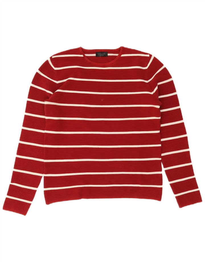 Zara Mens Crew Neck Jumper Sweater Medium Red Striped