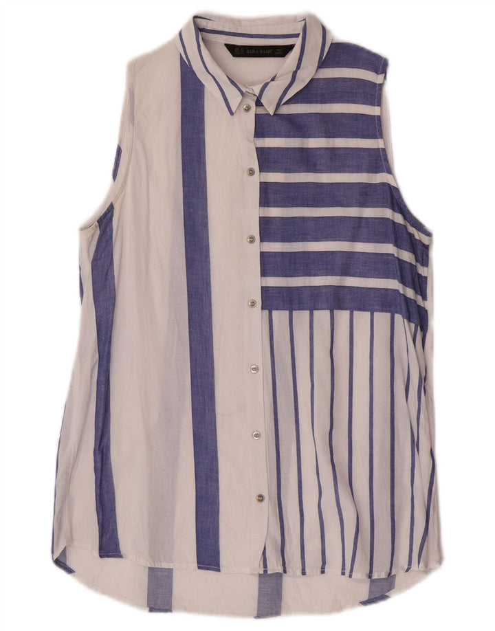 Zara Womens Sleeveless Shirt Blouse UK 12 Medium Navy Blue Striped