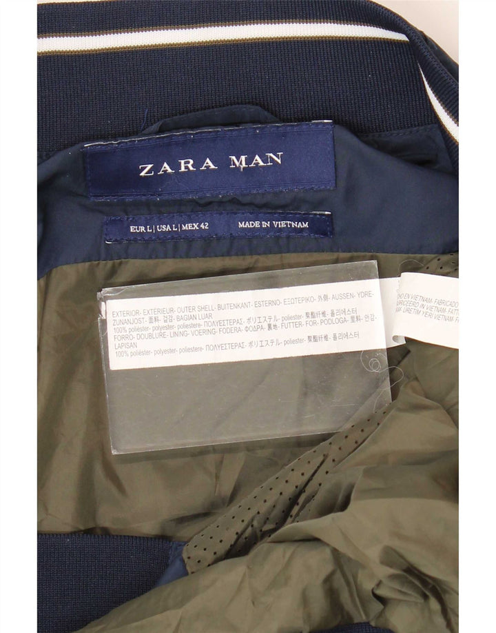 Zara Mens Bomber Jacket UK 40 Large Navy Blue Polyester