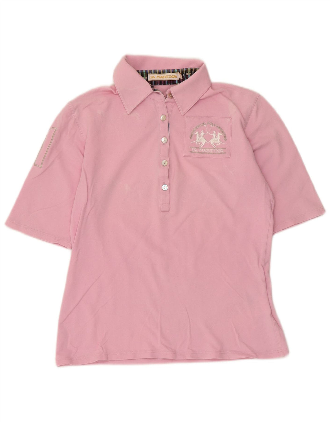 La Martina Womens Graphic Polo Shirt IT 44 Medium Pink Cotton
