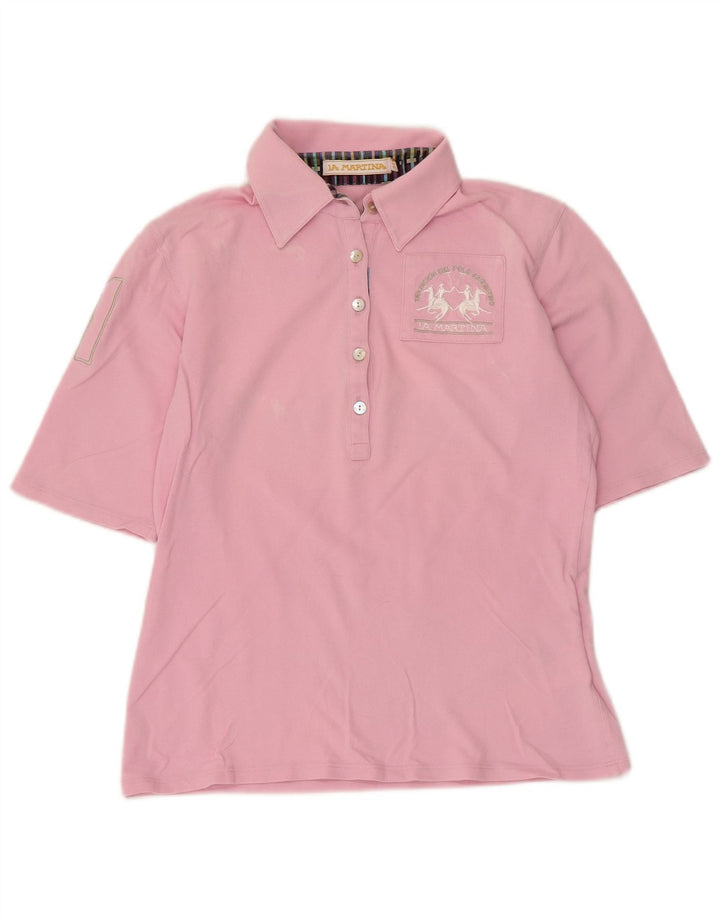 La Martina Womens Graphic Polo Shirt IT 44 Medium Pink Cotton