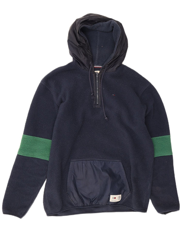 Tommy Hilfiger Mens Hooded Fleece Jumper Large Navy Blue Colourblock