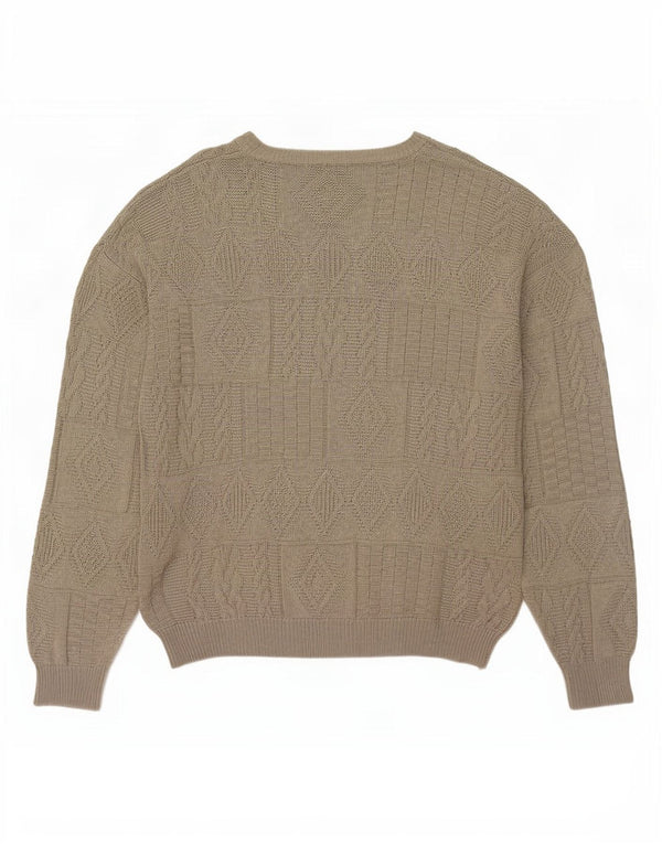 Vintage Mens Loose Fit Boat Neck Jumper Sweater Small Khaki Geometric