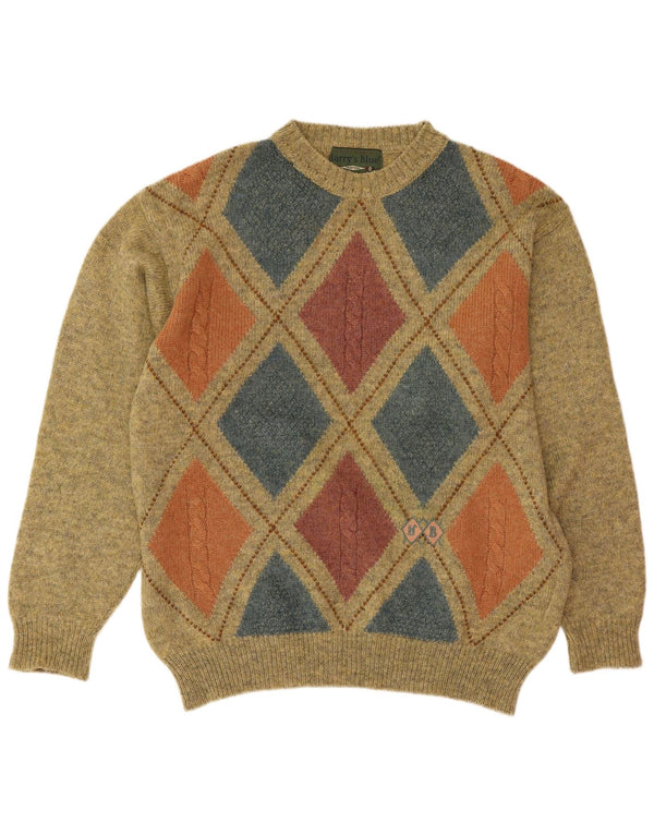 Vintage Mens Crew Neck Jumper Sweater Medium Green Argyle/Diamond Wool