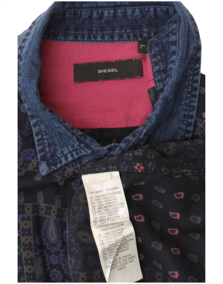 Diesel Mens Shirt Large Navy Blue Patchwork Rayon