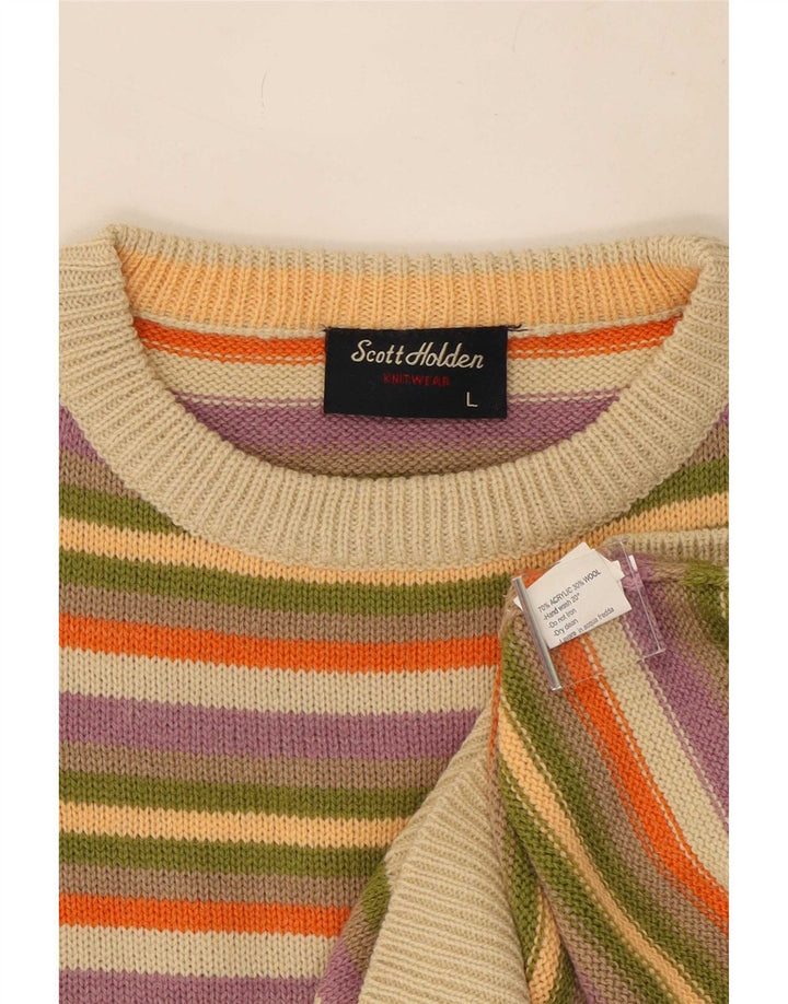 Vintage Mens Crew Neck Jumper Sweater Large Multicoloured Striped Acrylic