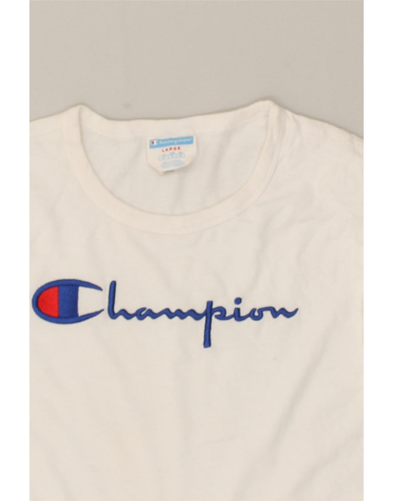 CHAMPION Womens Graphic T-Shirt Top UK 16 Large White Cotton | Vintage Champion | Thrift | Second-Hand Champion | Used Clothing | Messina Hembry 