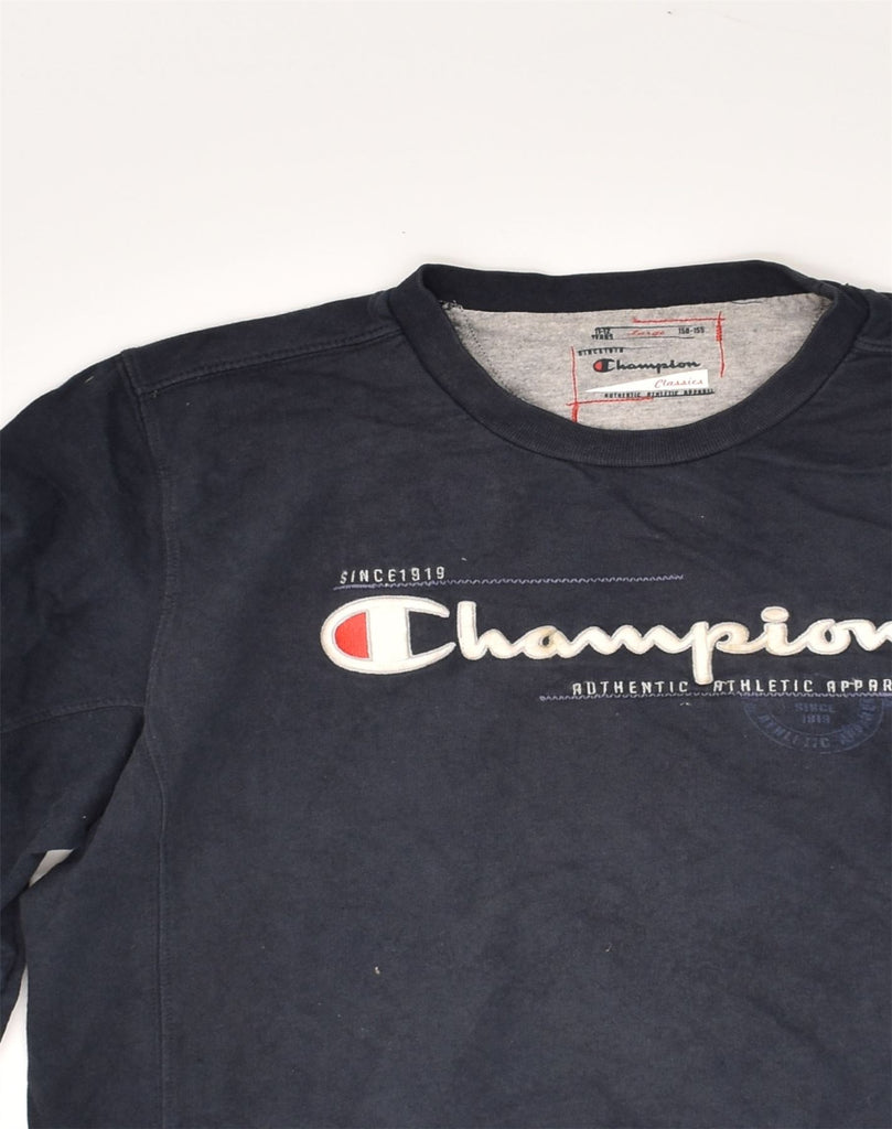 CHAMPION Boys Graphic Sweatshirt Jumper 11-12 Years Large Navy Blue Cotton | Vintage Champion | Thrift | Second-Hand Champion | Used Clothing | Messina Hembry 