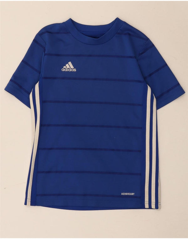 Adidas Boys Aeroready T-Shirt Top 9-10 Years Blue Striped Polyester