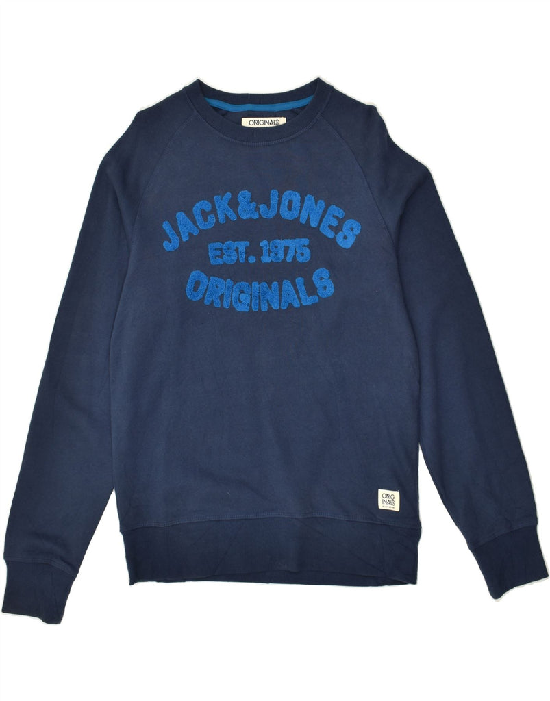 JACK & JONES Mens Graphic Sweatshirt Jumper Medium Navy Blue Cotton | Vintage Jack & Jones | Thrift | Second-Hand Jack & Jones | Used Clothing | Messina Hembry 