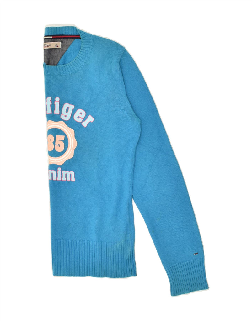 TOMMY HILFIGER Womens Graphic Boat Neck Jumper Sweater UK 10 Small Blue | Vintage Tommy Hilfiger | Thrift | Second-Hand Tommy Hilfiger | Used Clothing | Messina Hembry 