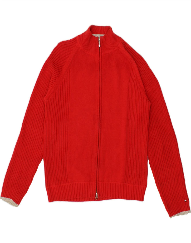 TOMMY HILFIGER Mens Cardigan Sweater Medium Red Cotton | Vintage Tommy Hilfiger | Thrift | Second-Hand Tommy Hilfiger | Used Clothing | Messina Hembry 