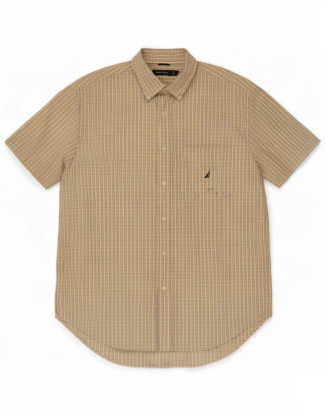 Nautica Mens Short Sleeve Shirt Large Yellow Check Cotton