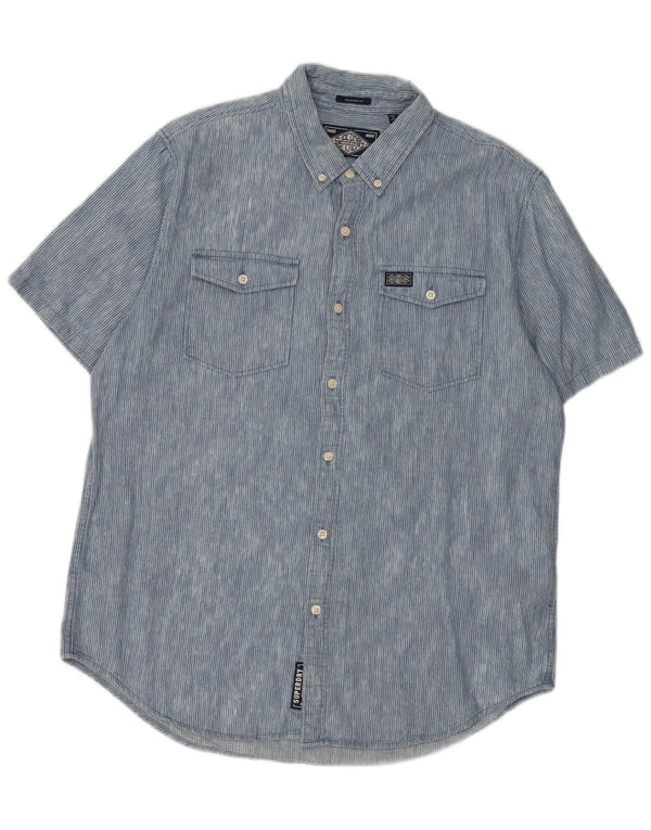 Superdry Mens Short Sleeve Regular Fit Shirt 2XL Blue Pinstripe Cotton